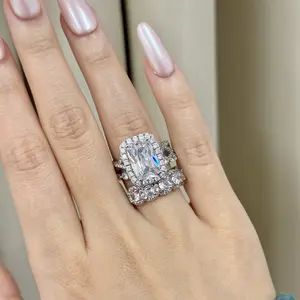 JJ CHIC 5CT Radiant Cut Halo Bridal Ring Set for Women,  Engagement Ring with Matching Wedding Band Band Rings