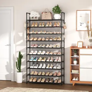 10 Tiers Shoe Rack Tall Large Capacity 50 Pairs Wide Shoe Organizer Sturdy Shoe Shelf for Entryway with Two Hooks Metal Shoe Storage for Closet, Bedroom, Black Plastic Waterproof