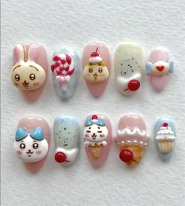 Handmade Kawaii 3D Bunny and Sweets Press On Nails, Cute Handmade Nail Art, Ice Cream, Candy, Cupcake Design, Pastel False Nails