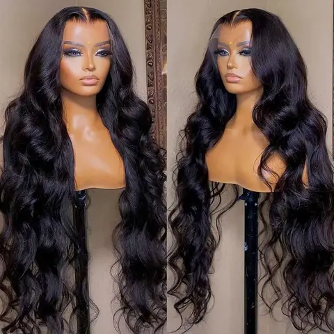 BLING HAIR Thick Female Human Hair Body Wave Wig - 180 Density Wavy, 13x4/13x6 HD Transparent Lace Front, 4x4 Closure, 32/34 Inch 13x6 Lace Wig for Black Women