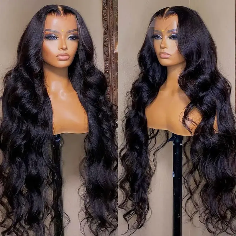 BLING HAIR Thick Female Human Hair Body Wave Wig - 180 Density Wavy, 13x4/13x6 HD Transparent Lace Front, 4x4 Closure, 32/34 Inch 13x6 Lace Wig for Black Women