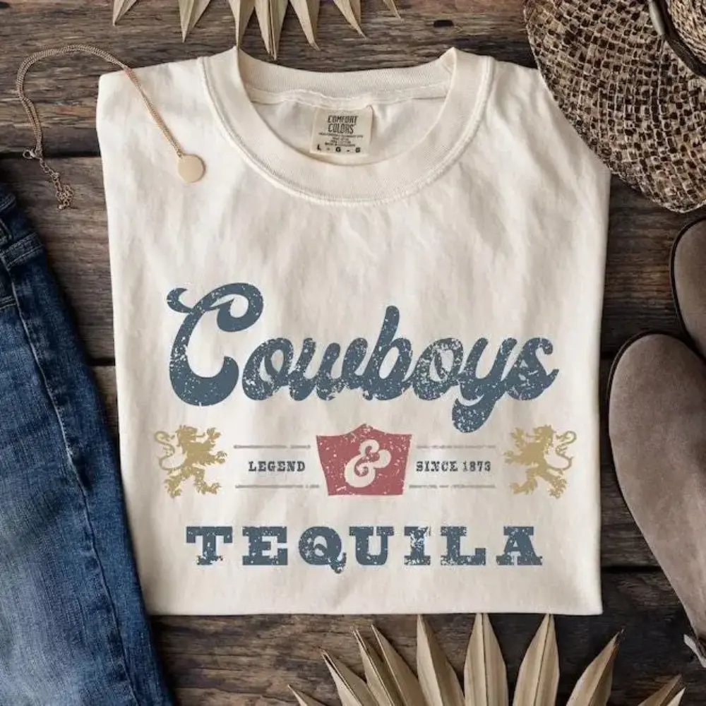 Comfort Colors Cowboys and Tequila T-Shirt, Western Shirt, Barbecue Party Tee, Cricut & Silhouette Womenswear Cotton Top