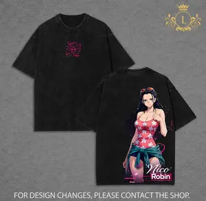 Retro Vintage Limited Edition Nico Robin Tee Washed, Nico Robin x 1 Pieceee Anime Double Printed Vintage Washed Hoodie Unisex Oversize Heavyweight Cotton T-shirt for Anime Fans and Lovers