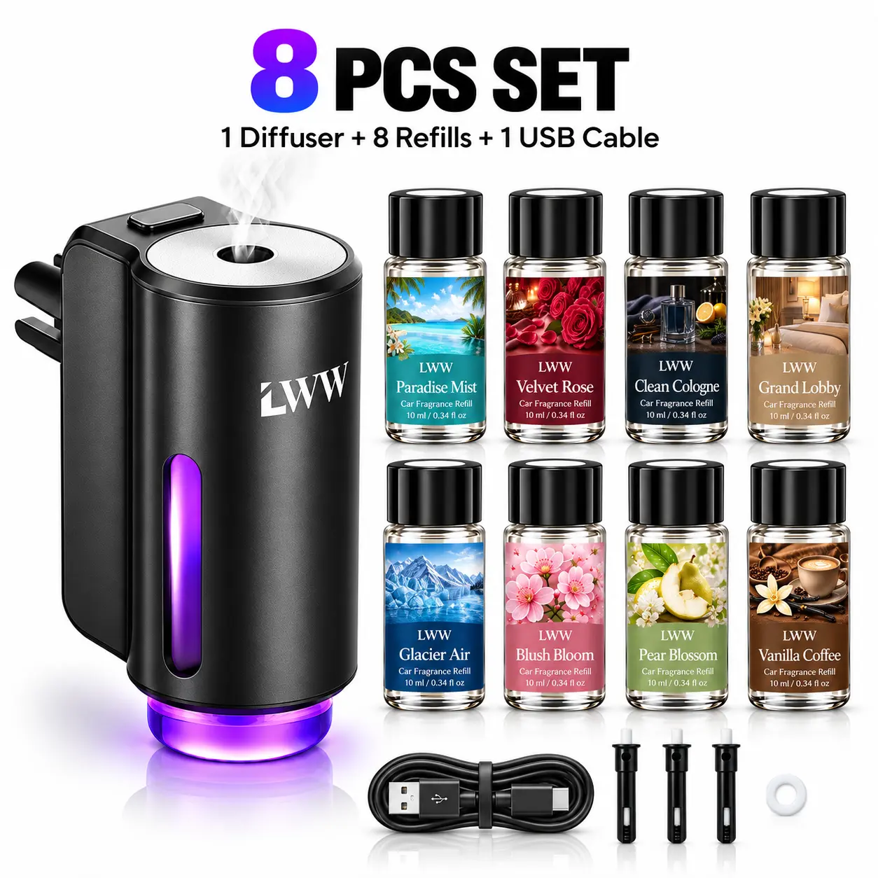 LWW Rechargeable Car Aroma Diffuser Set with 8 x 10mL Fragrance Refills, Waterless Vent Clip Car Air Freshener, 3 Adjustable Scent Levels