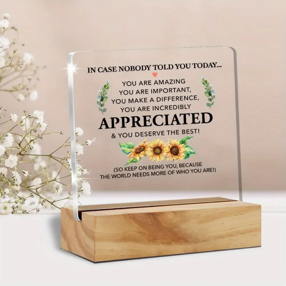 Sunflower Theme Acrylic Plaque with Wooden Stand, Motivational Quote Home Office Table Sign, Acrylic Plaque Decor, Appreciation Gift for Women
