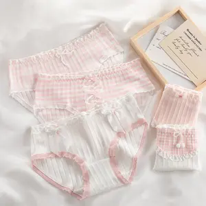 Women's 5PCS Cute Pink Gingham Ribbed Cotton Underwear Set - Comfortable, Breathable, Stretchy Mid-Waist Panties with Lace Bow Pom Pom Decor, Stylish Premium Fabric for Everyday Wear, Style