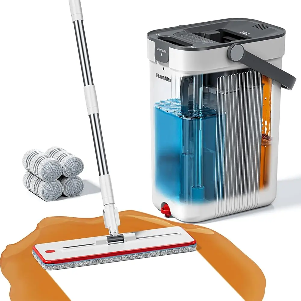 Homettler Stainless Steel Lightweight Flat Mop and Bucket Set - 3-Compartment System with Separate Dirty/Clean Water, Wall & Floor Wet/Dry Cleaner, 6 Microfiber Pads, Stainless Steel Brush head perfect christmas gift cleaning exprimidora cubeta