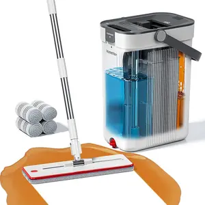 Homettler Stainless Steel Lightweight Flat Mop and Bucket Set - 3-Compartment System with Separate Dirty/Clean Water, Wall & Floor Wet/Dry Cleaner, 6 Microfiber Pads, Stainless Steel Brush head