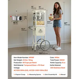 VEVOR Popcorn Machine with Cart, 8oz Stainless Steel Kettle, 800W Commercial Popcorn Maker, 48 Cups per Batch Theater Style Popper, with 2-Button Control Glass Wall PC Door 1 Scoop 3 Spoons, White