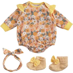 3 Pcs Reborn Baby Doll Clothes for 17-22 Inch Babydolls, Floral Pattern Doll Clothes Onesies with Shoes and Headband for Lifelike Reborn Baby Dolls Accessories, Yellow