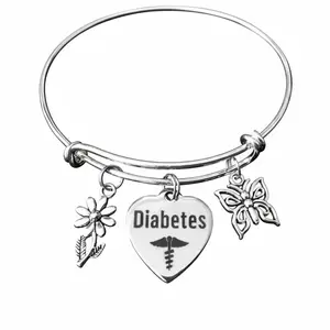 Diabetes Awareness Bracelet - Medical Alert Charm Bangle with Butterfly & Daisy - Adjustable Silver Gift