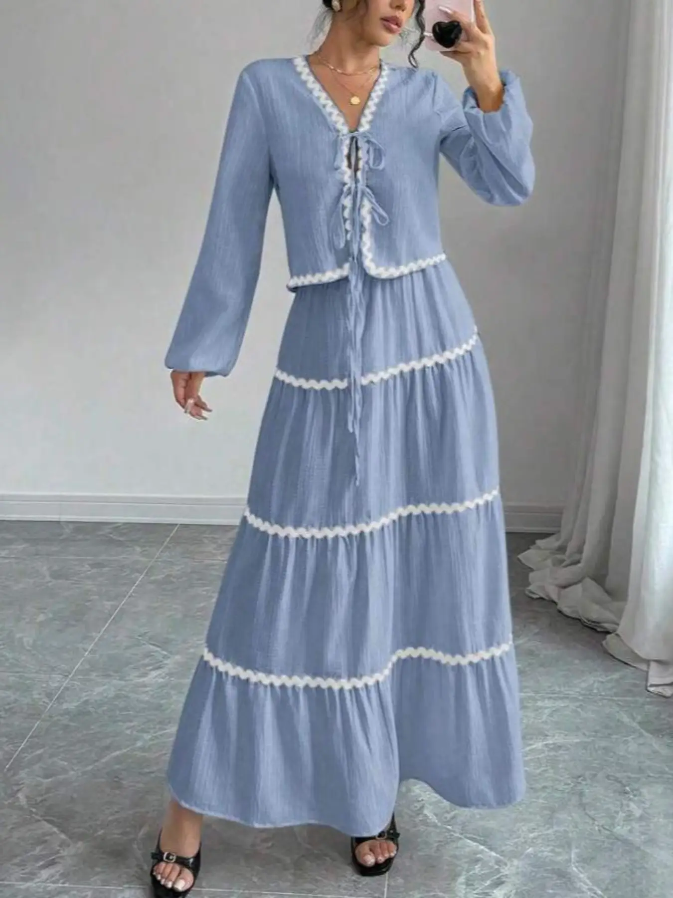 【Modest Fashion】Elegant Women's Lantern Sleeve Ruffle Bow Shirt and Skirt Set, Muslim Fashion, Modesty Clothing for Special Occasions