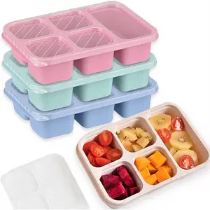 4 Pack Large Capacity Bento Box, 4/5 Compartment Leakproof Lunch Container with Lid, Sauce Box & Cutlery, Reusable Food Grade Stackable Lunch Box for Adults, Kids, School, Work, Travel & Picnic Lunch Box Set