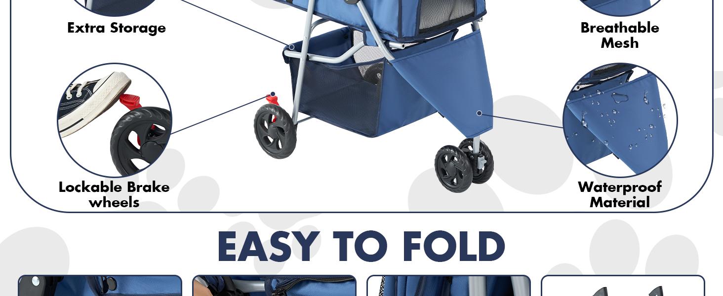 Foldable Pet Stroller for Small Medium Dogs and Cats, 3-Wheel Travel Dog Stroller with Adjustable Canopy, Cup Holder, Removable Pad and Extra Large Storage Basket, 33 lbs Capacity, Blue