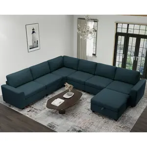 Modular Sectional Couches for Living Room - L Shaped Couch 7 Seats Sofas Furniture Set - Dark Blue U Shaped Sofa with Storage Ottoman Linen Facbric
