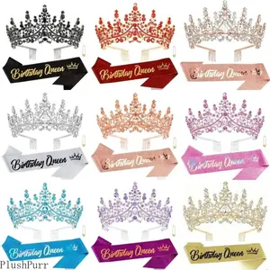 Baroque Rhinestone Birthday Queen Accessory Set - Stylish Accessories Including Sash With Pin, Crown Tiara Headband, Shiny Decorations, Comfortable Wear for Birthday Parties, Elegant Celebration