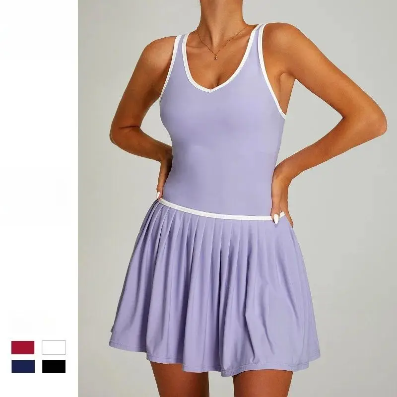 American Fashion Color Clashing Work Yoga Dress Women Nude Breathable Outdoor Sports Anti-Shine Fitness Tennis Dresses