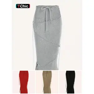 Solid knit sweater skirt with drawstring and side slits, featuring tassels; elegant, fashionable, casual tie-side pencil skirt for daily outdoor wear; women’s knitwear for spring and fall; boho skirt — GARMENTARY