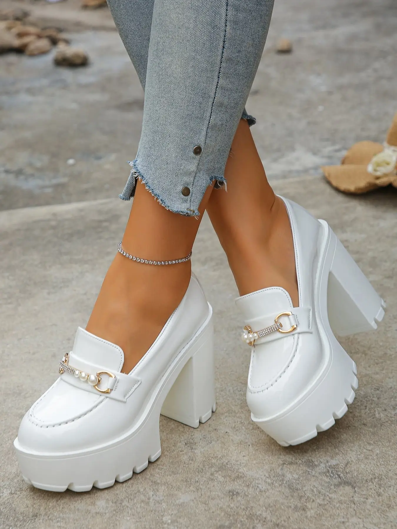 A pair of Women's Patent Leather Platform Loafers, Chunky Block Heel, Pearl & Rhinestone Buckle, Height Boosting, Slip-On Style, Versatile Shoes for Work, Office & Daily Casual Wear, Platform High Heels