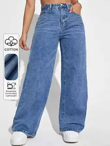 Women's Plus Size Plain Basic Casual Straight Leg Button Fit Jeans, Simple Daily Wear Denim Jeans, Comfortable and Versatile Fashion