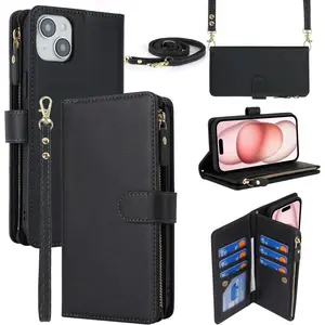 iCoverCase Compatible with iPhone 15 Crossbody Case with Strap, Wallet Phone Case Card Holder [Not Detachable] PU Leather Kickstand Zipper Lanyard Case 6.1" (Black)