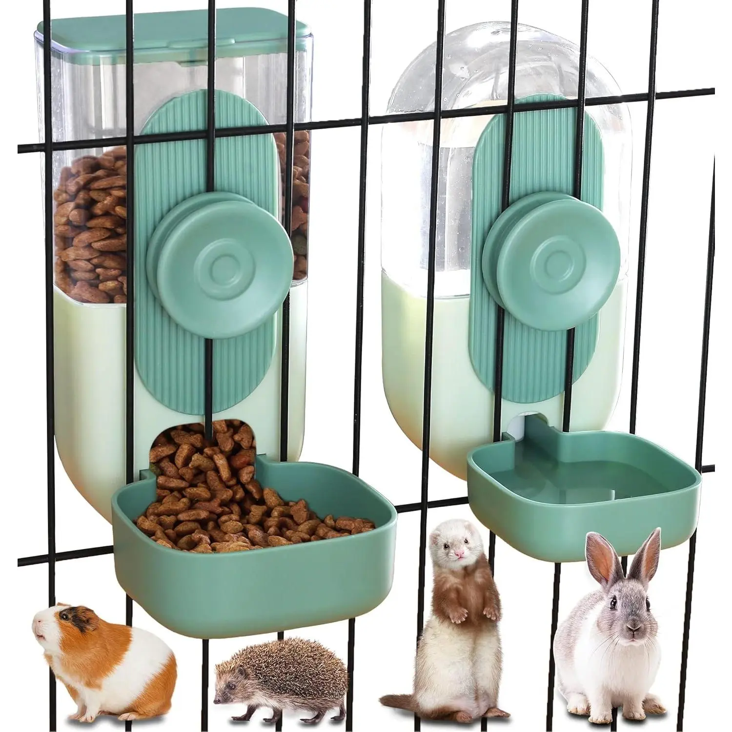 35oz Hanging Automatic Pet Food Water Dispenser, Auto Gravity Pet Feeder and Waterer Set, Cage Cat Food Bowl Dog Feeding Station for Puppy and Kitten Rabbit Chinchilla Hedgehog Ferret (Green)
