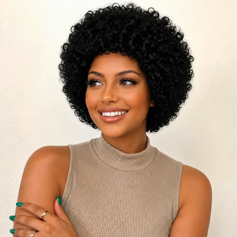 [Short Curly Afro Wig] Afro Wigs for Women Short Curly Wig with Bangs Afro Wig Fluffy and Soft Natural Looking - Human hair Wig for Women | curly style