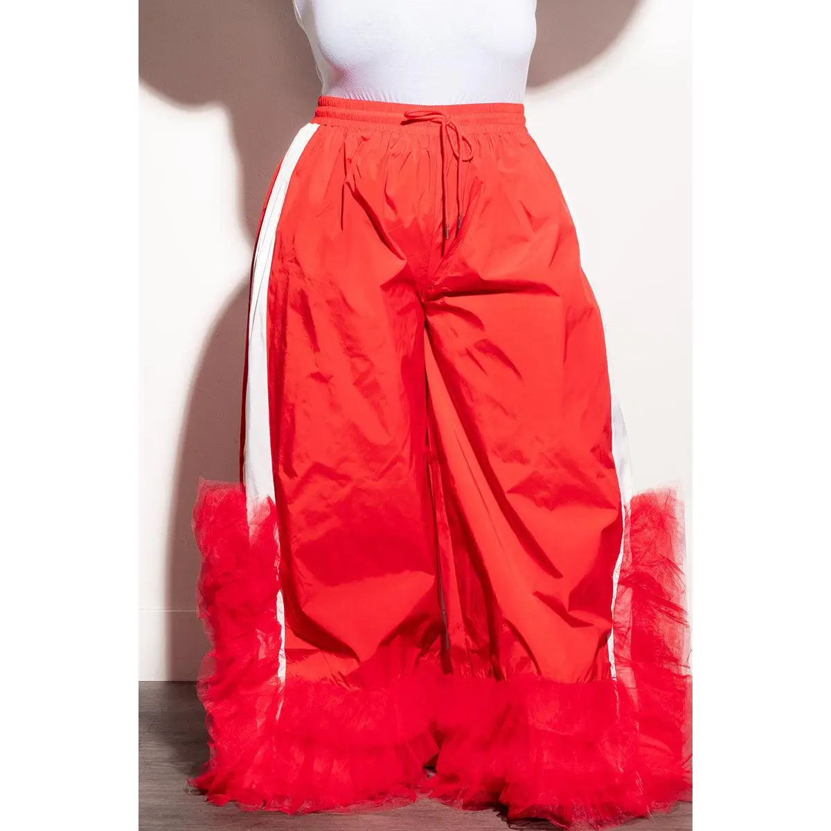 Final Sale Plus Size Oversized Windbreaker Wide Leg Pants with Tulle Bottom in Red and White