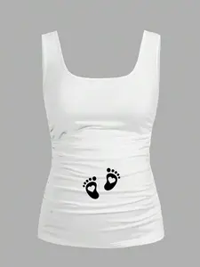 DAISY x  Casual Minimalist Baby Footprint Heart Pattern Square Neck Slim Fit Maternity Camisole Tank Top, Suitable For Summer