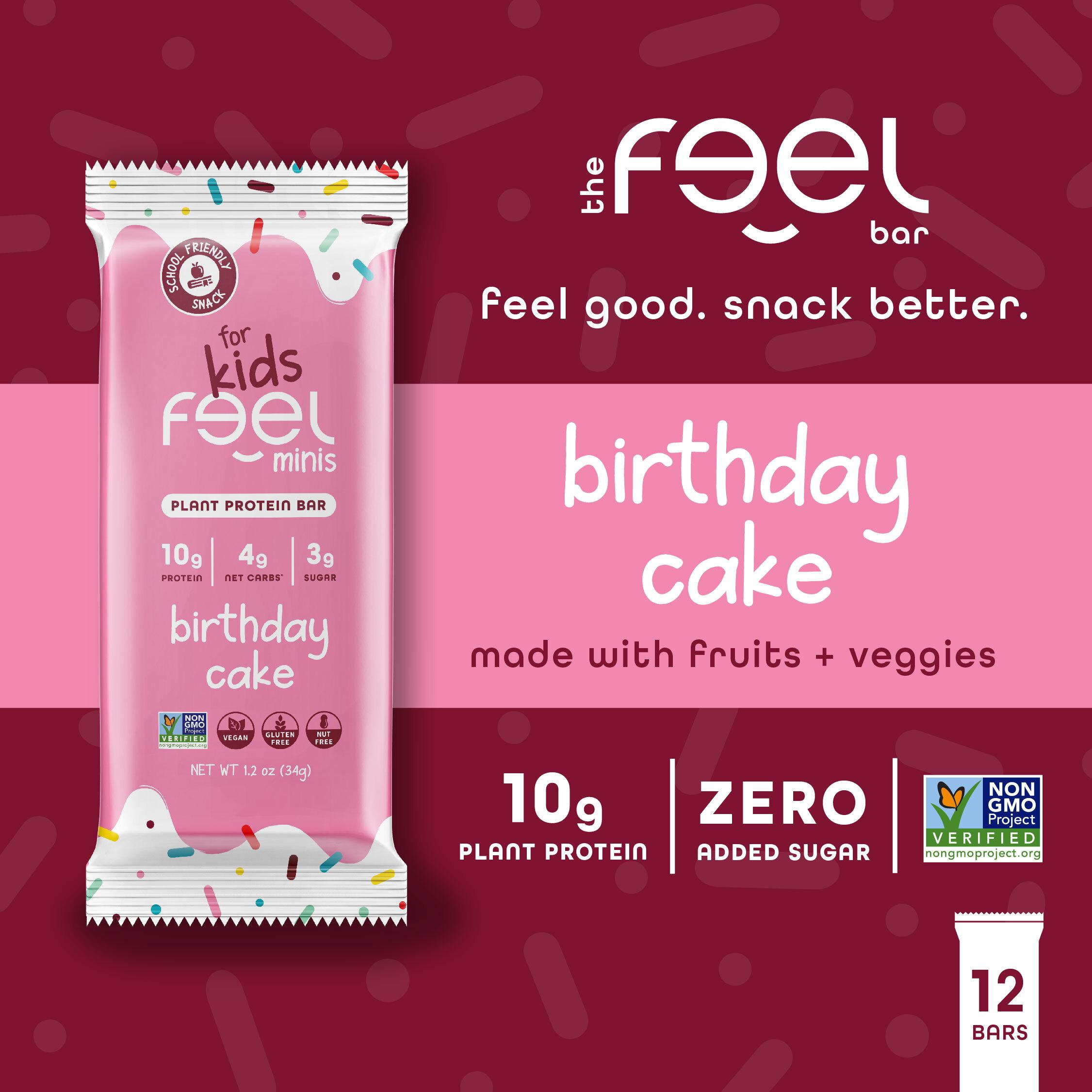Feel Minis – Protein Bars for Kids | Birthday Cake – 12 Pack | Mom Approved | School Snack | No Added Sugar | + Daily Veggies | Gluten Free, No Nuts, No Soy, No Dairy, No Grains