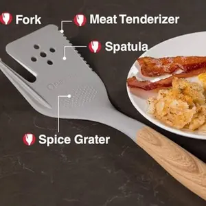 FLIPFORK 4-n-1 NYLON (not for grilling) Multi Cooking KITCHEN Utensil with Spatula, Fork, Dicer, Herb Grinder- Works On All Stoves and Griddles (WHITE OAK)