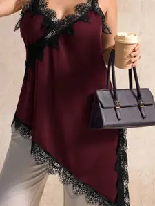 Burgundy Lace Trim Halter Top, Asymmetrical Hem Plus Size Slimming Sexy Elegant Shirt, Women's Fashionable Upper Garment, Womenswear