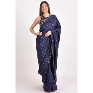 Navy Jacquard Floral Pre-Pleated Saree