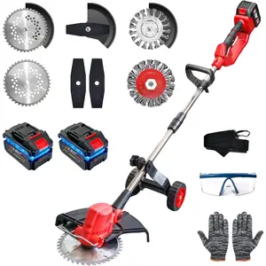 Electric Weed Wacker with Wheel, 3-in-1 Brushless Brush /String Trimmer/Grass Trimmer/Lawn Mower, 12" Cordless Weed Eater  , 2 * 4000mAh , 4  and Charger