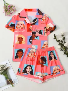 Women's Casual Pajama Set, Cartoon Character Print, Loose-Fitting Short Sleeve Top and Shorts, Fashion Sleepwear for Women