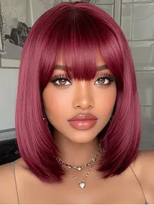 4x4 Glueless Wig 99J Layered Straight Bob Wig Lace Front Bobs Pre-Cut Lace HD Lace Human Hair Wig with Bangs No Glue Wig Wear&Go