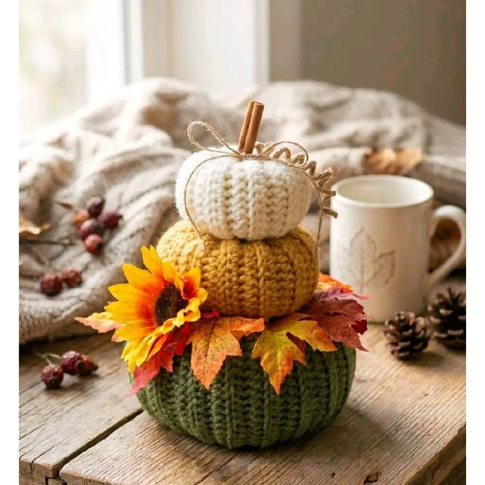 Handmade Crocheted Ribbed Pumpkin Stack Centerpiece - Rustic Tiered Autumn Home Decor
