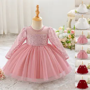 Pink Anniversary 001 Embroidered Long Sleeve White Baby Girls Clothes Infant Birthday Red Cocktail Dress Toddler Pageant Newborn Ball Gown Princess Baptism Frock 3M-2Y