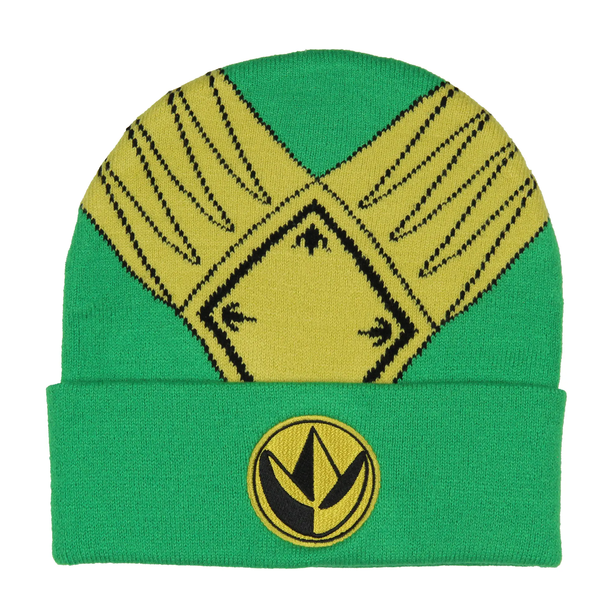 Mighty Morphin Power Rangers Men's Green Ranger Beanie Gold Armor Embroidered Patch Knit Fold Cuff Beanie Hat OSFM
