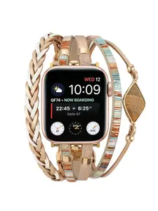 Handmade PU Braided Watch Band for Apple Watch Series 4-9, Ethnic Boho Style, Plastic Dial Window, Alloy Case, All Seasons