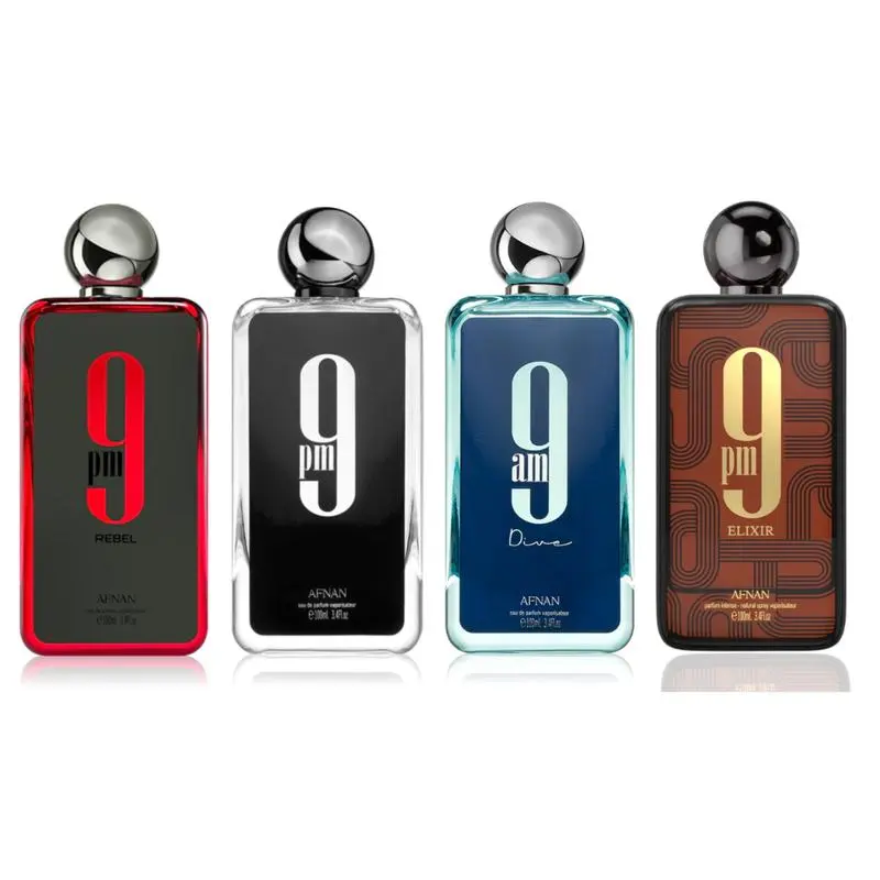 Afnan 4-Piece (9pm Elixir, 9am Dive , 9PM Black & 9PM Rebel) Fragrance Bundle for Unisex