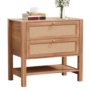 Rattan Nightstand with Drawers, Mid Century Modern Night Stand with Open Storage Shelf, Boho Bedside End Table, Wood Accent Bed Side Tables for Bedroom, Easy Assembly