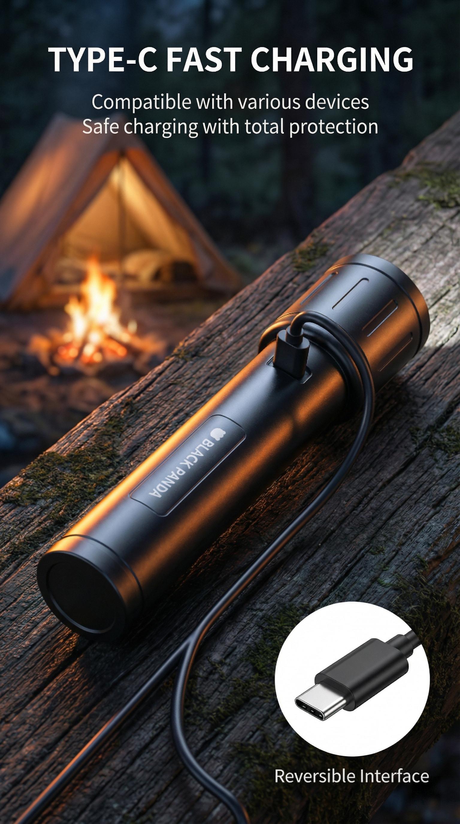 Black Panda Portable Flashlight 500 Lumens 500m Beam Mechanical Zoom  Multiple Modes USB Rechargeable