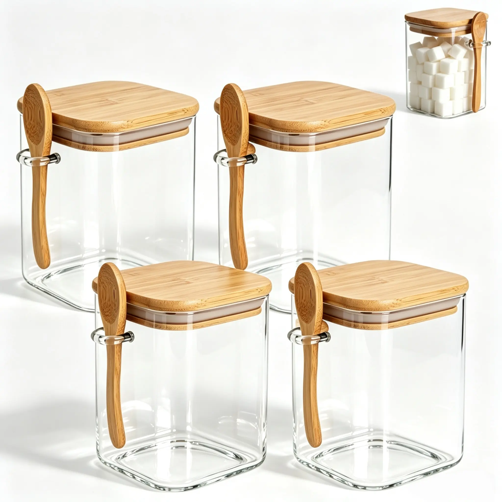 2-Pcs/4-Pcs/8-Pcs Glass Storage Jars with Bamboo Spoons & Lids, Airtight Square Canisters for Kitchen Counter, Coffee Bar, Sugar, Spice, Pantry Food Organization