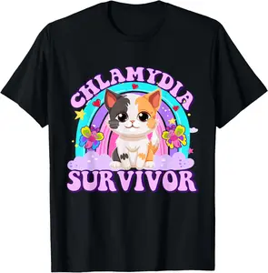 Chlamydia Survivor Funny Cat Sarcastic Y2K Inappropriate T-Shirt Pure Cotton Graphic Tees Menswear Top: Gifts for Men & Women