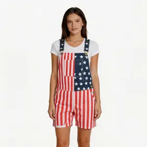 4th of July American Flag Short Overalls for Mens Holiday Short Coveralls USA Romper for Couples Casual Adjustable Straps Fitted Sleeveless Denim Short Jumpsuit Spring Summer Menswear Fashion Outdoor Pants Patriotic Valentine's Day Gifts