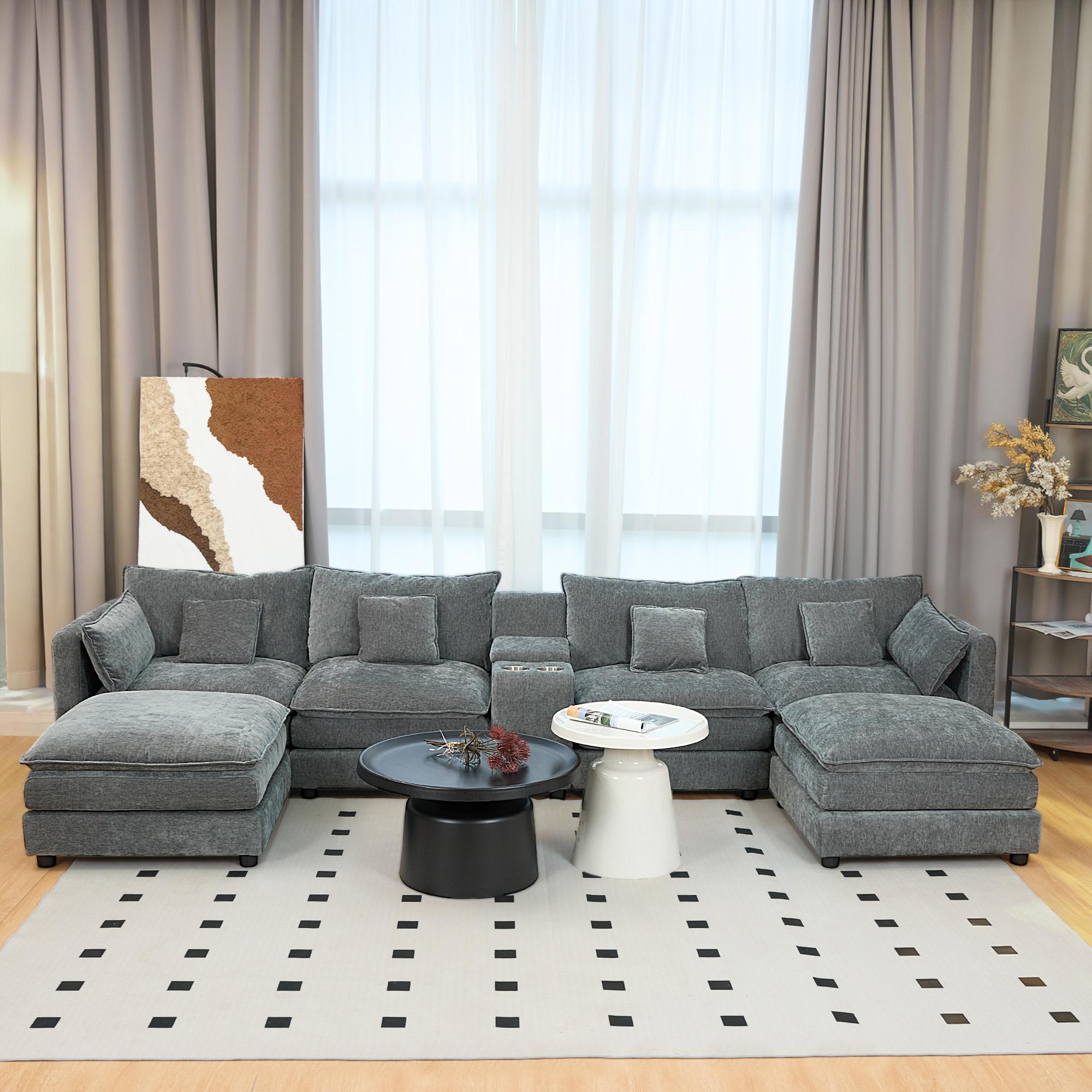 Niccae 6-Seater Contemporary Sectional Chenille Fluffy Sofa - Modular Boneless Sectional Couch with Storage, Cup Holders, Guest Bed, Modern Sofas Couches for Apartment Indoor Living Rooms (4-Package Delivery)