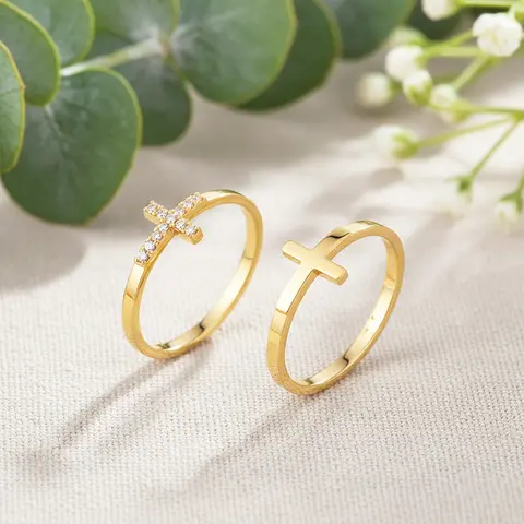 Women's 14K Gold Plated 2-Pieces Cross Ring Set - Gold Rings for Adults, Dainty Stackable Narrow Hypoallergenic Tarnish-Free CZ Jewelry, Faith+Trend Mix Stack Option, Thumb/Finger Wear, Anniversary/Birthday Gift, Sizes 6-9