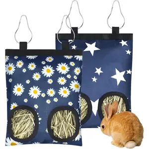 2 Pack Rabbits Hay Feeder Bag, 2 Holes Hanging Bunny Hay Feeder Guinea Pig Feeding Bag Storage Dispenser for Bunny Rabbits Chinchillas Hamsters Small Pets and Animals
