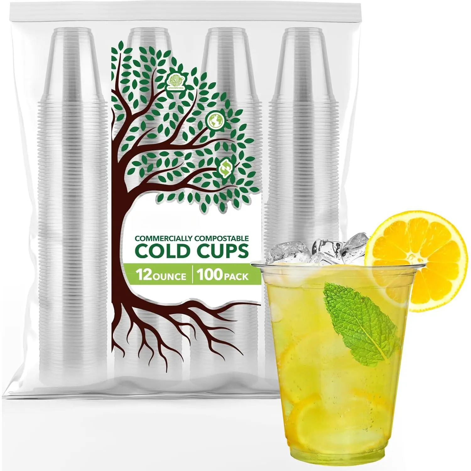 12 oz Clear Commercially Compostable Cold Cups (100 Pack) Plant Based Eco Party Cup, Environmentally Friendly Recyclable Disposable Sustainable for Water, Wine Corn